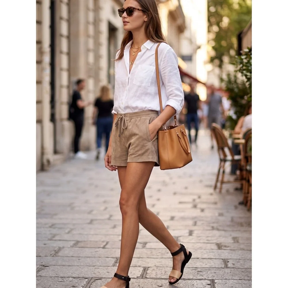 Vince Suede Leather Drawstring Boxer Shorts Concrete Beige NWT Size S $425 - Picture 3 of 11